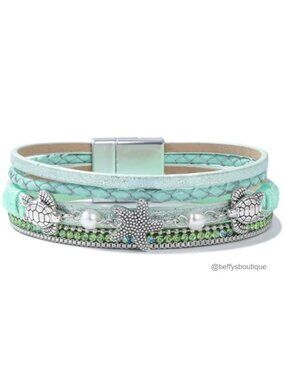 Boho Leather Wrap Bracelet Multi-Strand Turtle Starfish Magnetic Clasp